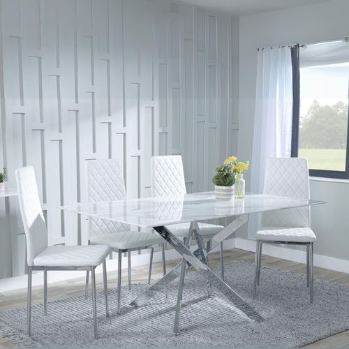 Clearance - Chopstick White Glass and Chrome Metal Dining Set - Metro White Leather Chairs with Chrome Legs