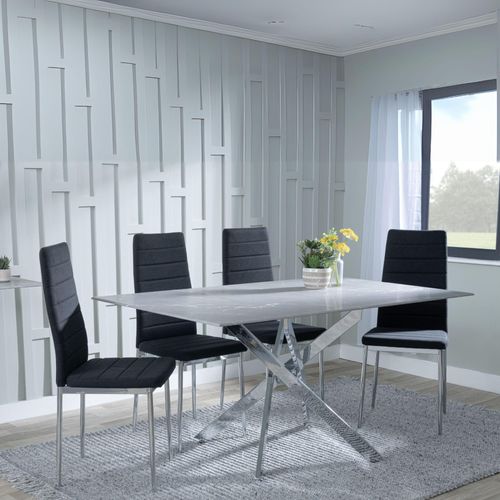 Clearance - Chopstick Grey Glass and Chrome Metal Dining Set - Lido Black Fabric Chairs with Chrome Legs