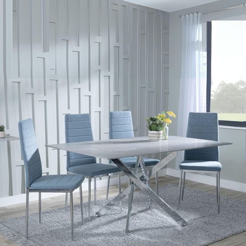 Clearance - Chopstick Grey Glass and Chrome Metal Dining Set - Lido Blue Fabric Chairs with Chrome Legs
