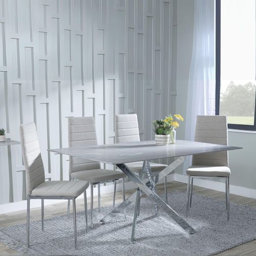 Clearance - Chopstick Grey Glass and Chrome Metal Dining Set - Lido Sand Fabric Chairs with Chrome Legs