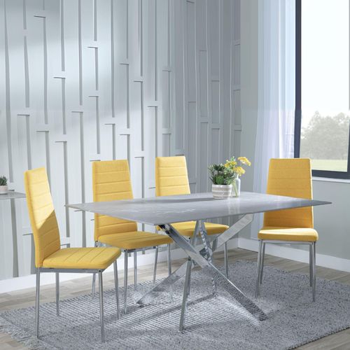 Clearance - Chopstick Grey Glass and Chrome Metal Dining Set - Lido Yellow Fabric Chairs with Chrome Legs