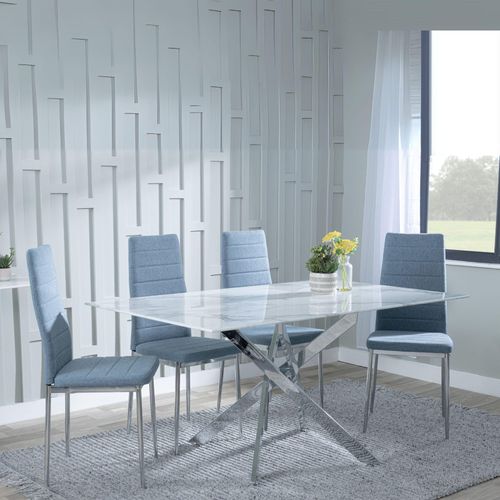 Clearance - Chopstick White Glass and Chrome Metal Dining Set - Lido Blue Fabric Chairs with Chrome Legs