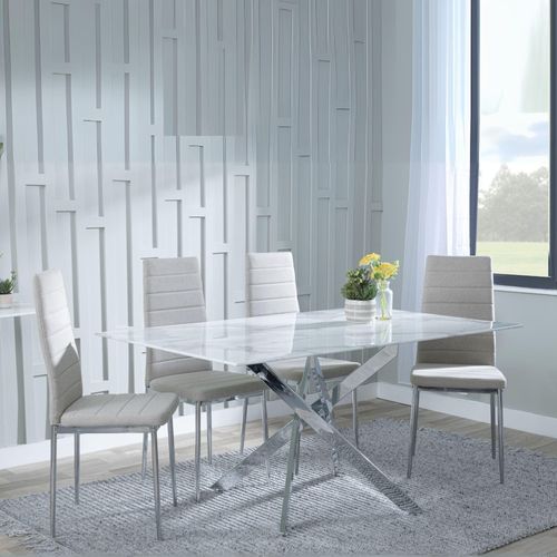 Clearance - Chopstick White Glass and Chrome Metal Dining Set - Lido Sand Fabric Chairs with Chrome Legs