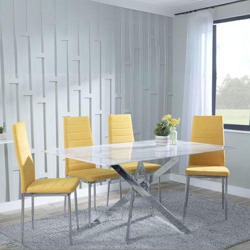 Clearance - Chopstick White Glass and Chrome Metal Dining Set - Lido Yellow Fabric Chairs with Chrome Legs