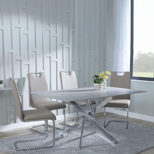 Clearance - Chopstick Grey Glass and Chrome Metal Dining Set - Bianco Beige Faux Leather Dining Chair