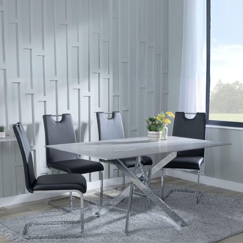 Clearance - Chopstick Grey Glass and Chrome Metal Dining Set - Bianco Black Faux Leather Dining Chair