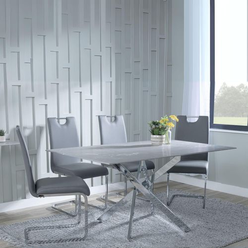 Clearance - Chopstick Grey Glass and Chrome Metal Dining Set - Bianco Grey Faux Leather Dining Chair