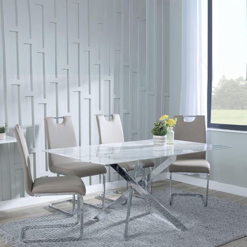 Clearance - Chopstick White Glass and Chrome Metal Dining Set - Bianco Beige Faux Leather Dining Chair