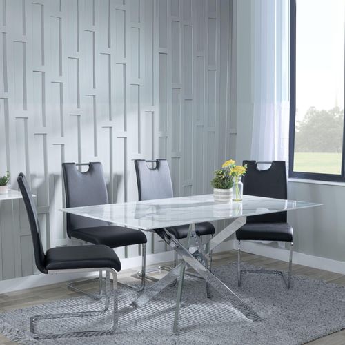 Clearance - Chopstick White Glass and Chrome Metal Dining Set - Bianco Black Faux Leather Dining Chair