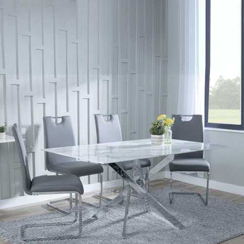 Clearance - Chopstick White Glass and Chrome Metal Dining Set - Bianco Grey Faux Leather Dining Chair
