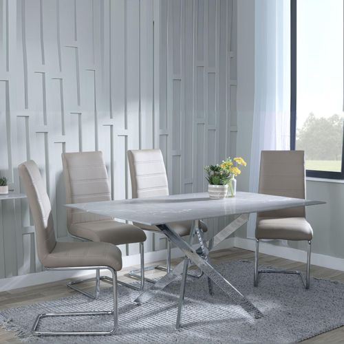 Clearance - Chopstick Grey Glass and Chrome Metal Dining Set - Roma Beige Faux Leather Dining Chair
