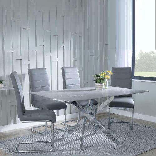 Clearance - Chopstick Grey Glass and Chrome Metal Dining Set - Roma Grey Faux Leather Dining Chair
