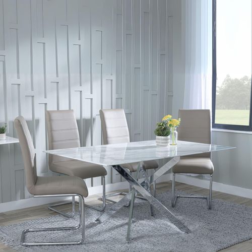 Clearance - Chopstick White Glass and Chrome Metal Dining Set - Roma Beige Faux Leather Dining Chair