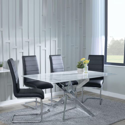 Clearance - Chopstick White Glass and Chrome Metal Dining Set - Roma Black Faux Leather Dining Chair