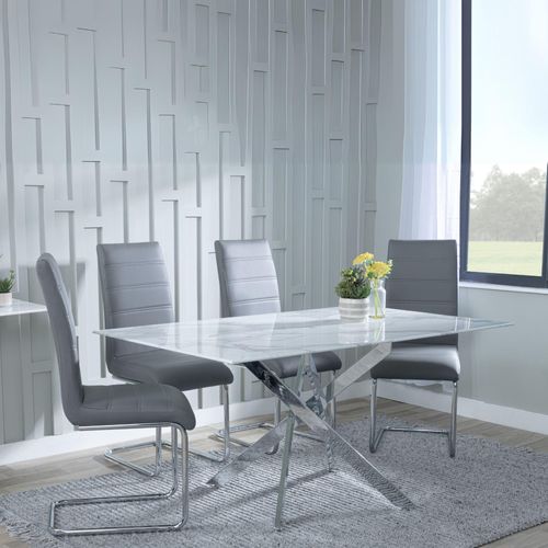 Clearance - Chopstick White Glass and Chrome Metal Dining Set - Roma Grey Faux Leather Dining Chair