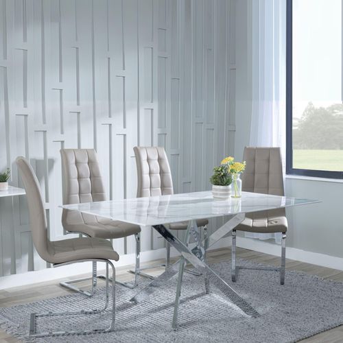 Clearance - Chopstick White Glass and Chrome Metal Dining Set - Jamison Beige Faux Leather Dining Chair