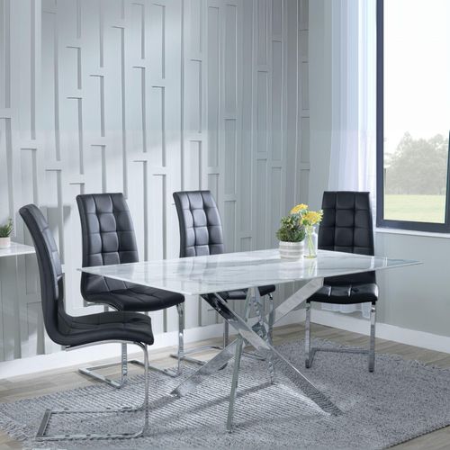 Clearance - Chopstick White Glass and Chrome Metal Dining Set - Jamison Black Faux Leather Dining Chair