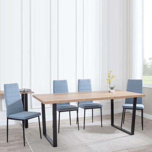 Clearance - Texas Oak Effect Dining Set - Lido Blue Fabric Chairs with Black Legs