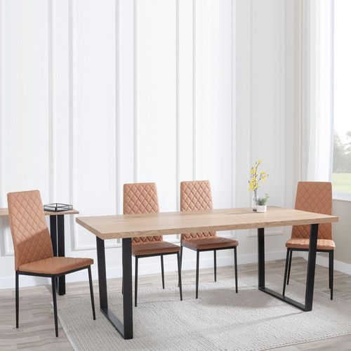 Clearance - Texas Oak Effect Dining Set - Metro Burnt Orange Leather Chairs with Black Legs