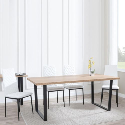 Clearance - Texas Oak Effect Dining Set - Metro White Leather Chairs with Black Legs