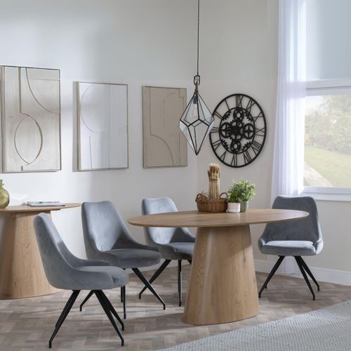 Palma Oak Oval Dining Set - Arctic Grey Velvet Fabric Swivel Dining Chair