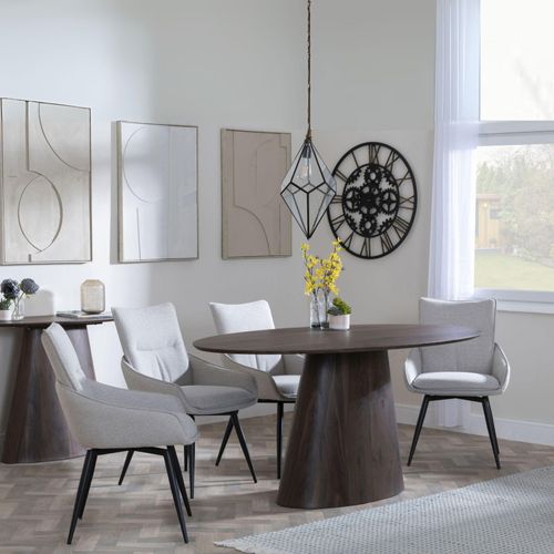 Palma Walnut Oval Dining Set - Ace Beige Fabric Swivel Dining Chair
