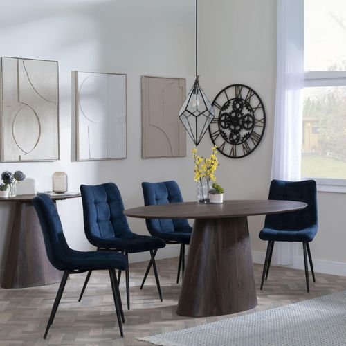 Palma Walnut Oval Dining Set - Corona Blue Fabric Chairs