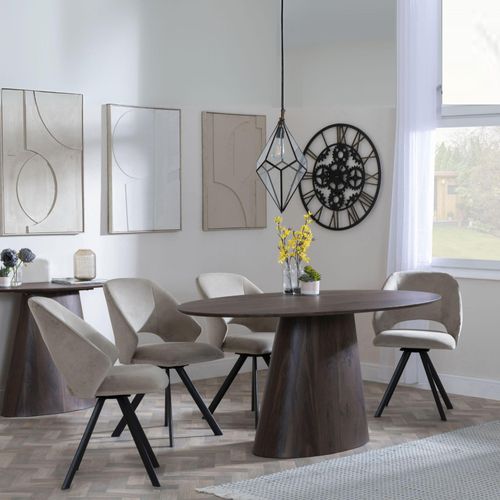 Palma Walnut Oval Dining Set - Ion Beige Velvet Fabric Swivel Dining Chair