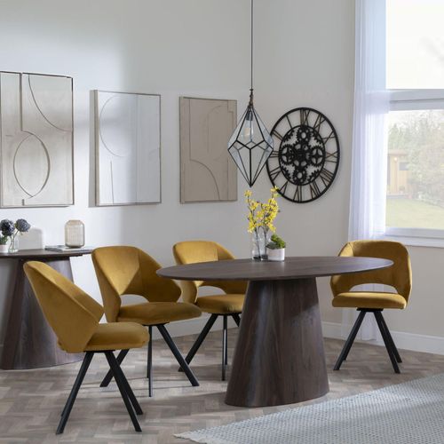 Palma Walnut Oval Dining Set - Ion Mustard Velvet Fabric Swivel Dining Chair