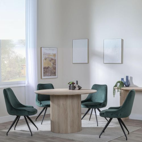 Bern Fluted Oak Effect 4 Seater Round Dining Set - 4 Arctic Green Velvet Fabric Swivel Dining Chair