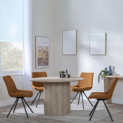 Bern Fluted Oak Effect 4 Seater Round Dining Set - 4 Boden Orange Fabric Swivel Dining Chair