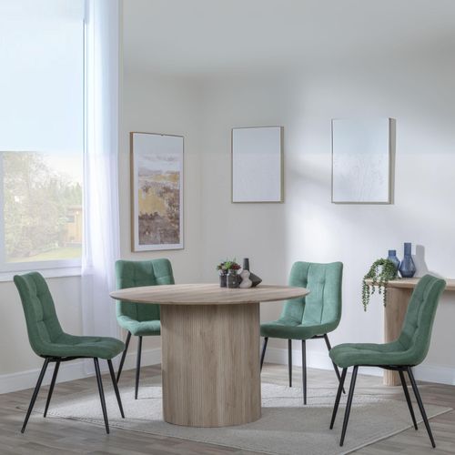 Bern Fluted Oak Effect 4 Seater Round Dining Set - 4 Corona Green Fabric Chairs