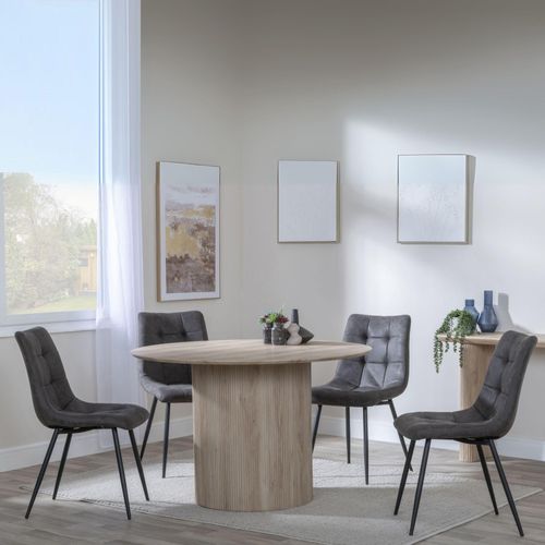 Bern Fluted Oak Effect 4 Seater Round Dining Set - 4 Corona Grey Fabric Chairs