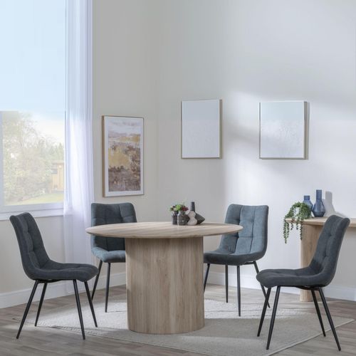 Bern Fluted Oak Effect 4 Seater Round Dining Set - 4 Corona Light Grey Fabric Chairs