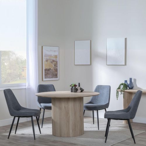 Bern Fluted Oak Effect 4 Seater Round Dining Set - 4 Darwin Grey Fabric Dining Chair