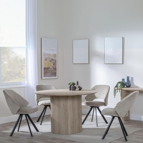 Bern Fluted Oak Effect 4 Seater Round Dining Set - 4 Ion Beige Velvet Fabric Swivel Dining Chair