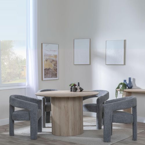 Bern Fluted Oak Effect 4 Seater Round Dining Set - 4 Kiefer Grey Boucle Fabric Dining Chair