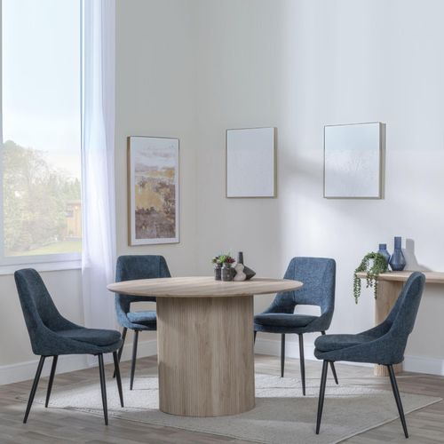 Bern Fluted Oak Effect 4 Seater Round Dining Set - 4 Peyton Blue Fabric Dining Chair