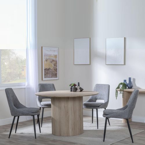 Bern Fluted Oak Effect 4 Seater Round Dining Set - 4 Peyton Grey Fabric Dining Chair