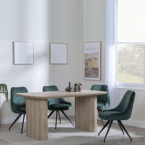 Bern Fluted Oak Effect Dining Set - Arctic Green Velvet Fabric Swivel Dining Chair