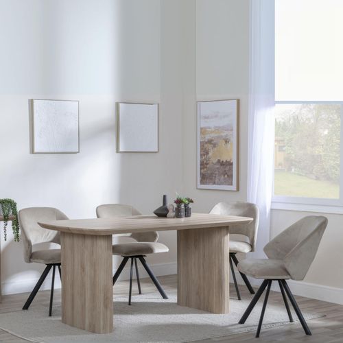 Bern Fluted Oak Effect Dining Set - Ion Beige Velvet Fabric Swivel Dining Chair