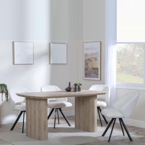 Bern Fluted Oak Effect Dining Set - Ion Cream Boucle Teddy Fabric Swivel Dining Chair