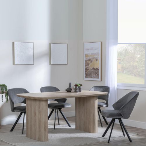 Bern Fluted Oak Effect Dining Set - Ion Dark Grey Velvet Fabric Swivel Dining Chair