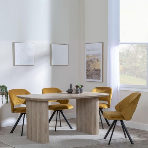 Bern Fluted Oak Effect Dining Set - Ion Mustard Velvet Fabric Swivel Dining Chair