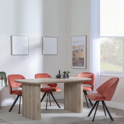 Bern Fluted Oak Effect Dining Set - Ion Orange Velvet Fabric Swivel Dining Chair