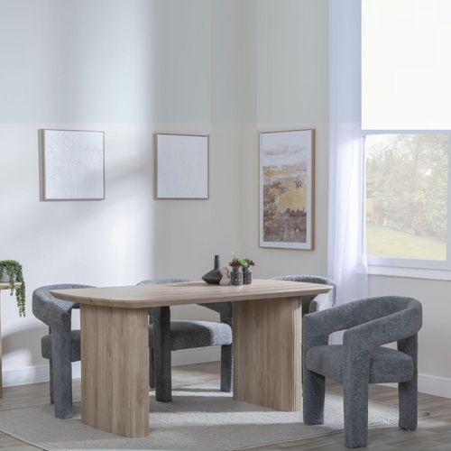 Bern Fluted Oak Effect Dining Set - Kiefer Grey Boucle Fabric Dining Chair