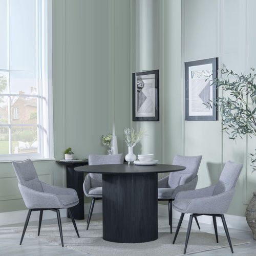Bern Fluted Black 4 Seater Round Dining Set - 4 Ace Grey Fabric Swivel Dining Chair
