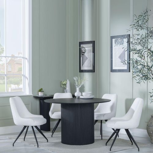Bern Fluted Black 4 Seater Round Dining Set - 4 Arctic Cream Velvet Fabric Swivel Dining Chair