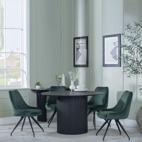 Bern Fluted Black 4 Seater Round Dining Set - 4 Arctic Green Velvet Fabric Swivel Dining Chair