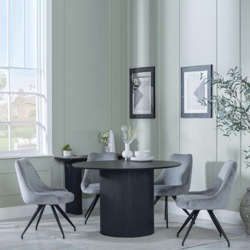 Bern Fluted Black 4 Seater Round Dining Set - 4 Arctic Grey Velvet Fabric Swivel Dining Chair